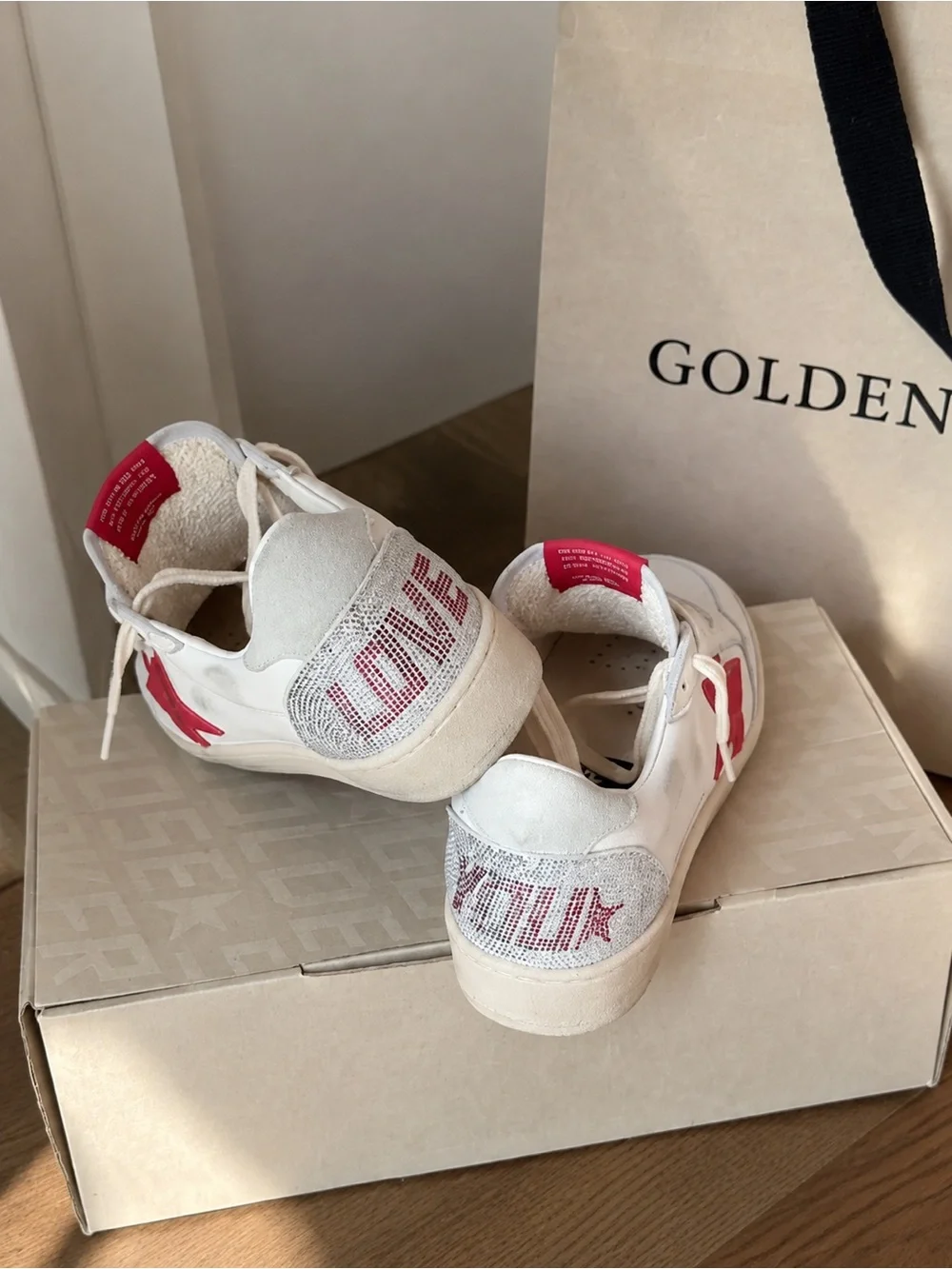 Golden Goose White Leather Sneakers with Red Star and Metallic Heel